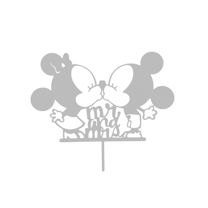 Esküvői torta tetejének dekorációja, Mr&Mrs Mikivel és Minnie-vel, ezüst 14,5 x 17,5 cm