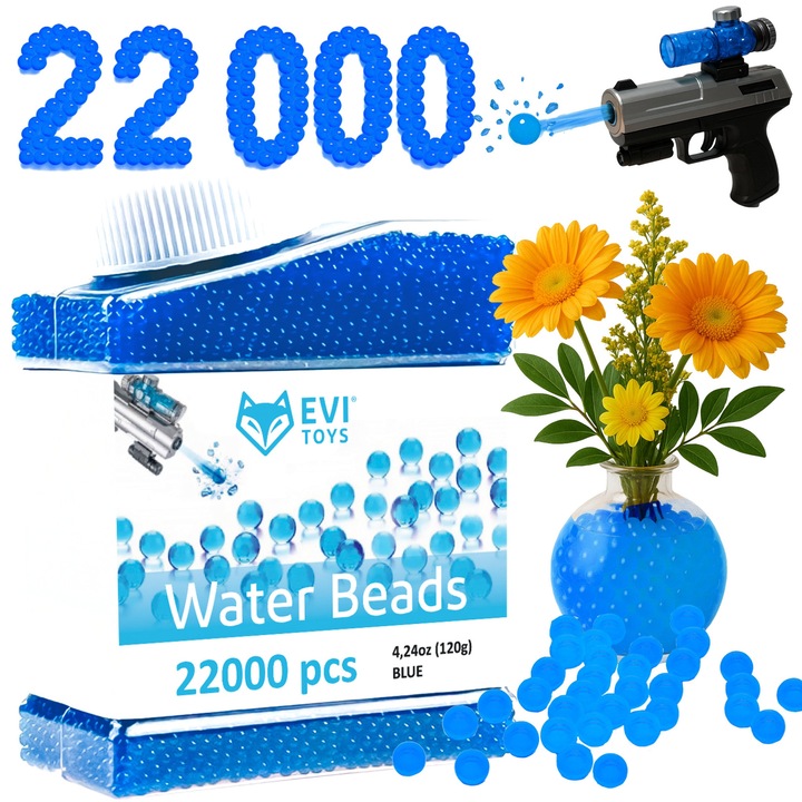 Set 22.000 Bile Hidrogel EVI Toys, Munitie Pistoale Gel 7-8 mm, Decor Ghivece si Flori, Albastru Intens, Biodegradabile, Recipient 120g
