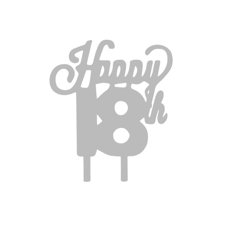 Декорация за торта "HAPPY 18", сребриста 10 х 7,5 см