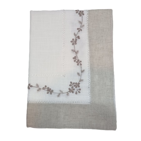 Fata de masa din in, cusuta manual, alba cu bordura gri, patrata, 150x150 cm