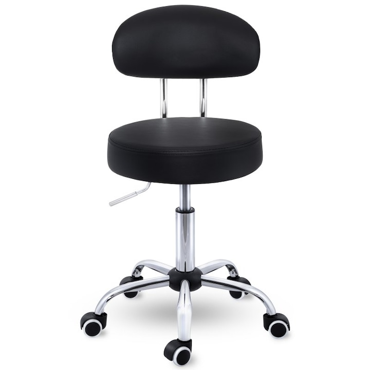Scaun cu spatar, cosmetica/cabinet medical/laborator, rotire la 360°, inaltime reglabila intre 46 - 58 cm, piele ecologica, negru