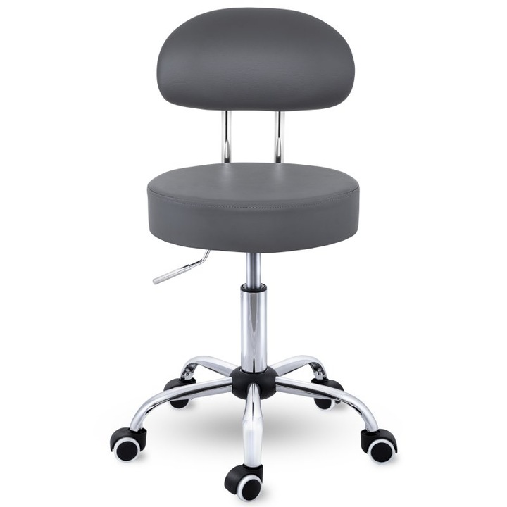 Scaun cu spatar, cosmetica/cabinet medical/laborator, rotire la 360°, inaltime reglabila intre 46 - 58 cm, piele ecologica, gri
