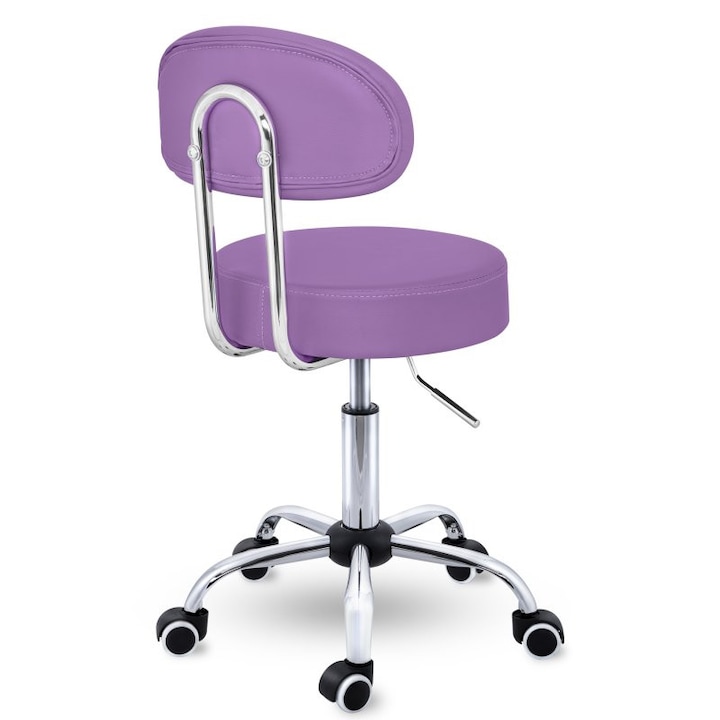 Scaun cu spatar, cosmetica/cabinet medical/laborator, rotire la 360°, inaltime reglabila intre 46 - 58 cm, piele ecologica, lila