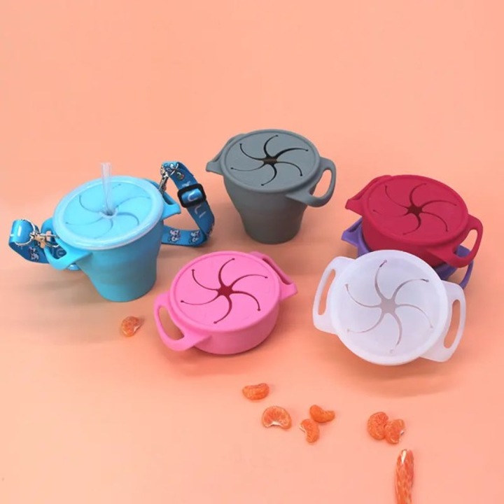 Szilikon bögre, Empria, rágcsálnivalókhoz és vízhez, kiömlésgátló fedéllel, 350 ml, szürke