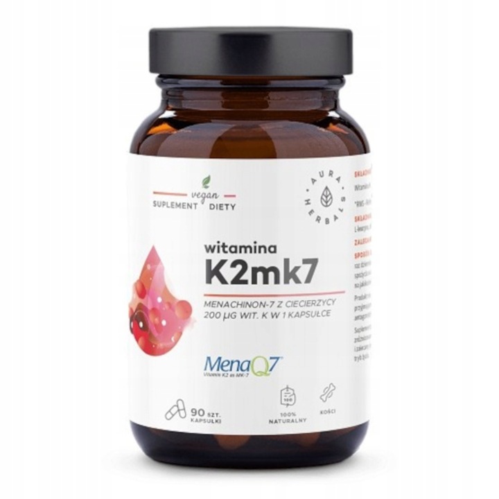 Хранителна добавка, Aura Herbals, Витамин K2MK7 MenaQ7 200 μg, 90 капсули