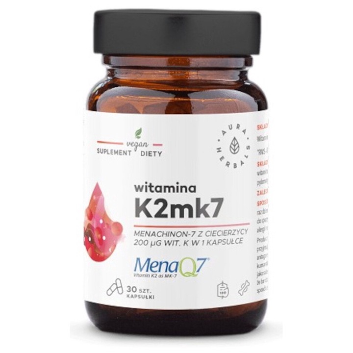 Supliment alimentar, Aura Herbals, Vitamina K2MK7 MenaQ7 200 μg, 30 capsule