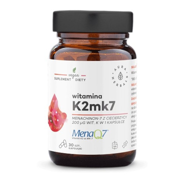 Хранителна добавка, Aura Herbals, Витамин K2MK7 MenaQ7 200 μg, 30 капсули