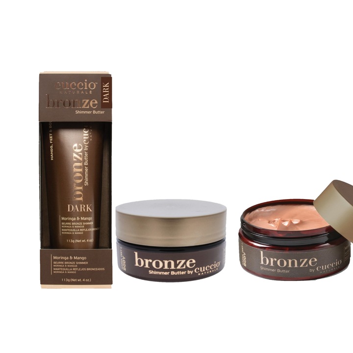 Set Unt de Corp Stralucitor Butter Bronze Shimmer, Cuccio Naturale, 565 g- 2 x Unt de corp stralucitor 226 g si 1 x Unt de corp stralucitor Dark 113 g