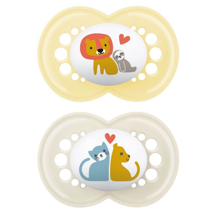 Комплект 2 бебешки залъгалки, Силикон, 6+ месеца, Жълти/Бежови