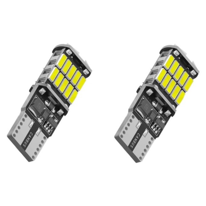 Set 2 becuri LED T10 W5W Canbus Radus, 26 leduri, SMD 4014, 900 lumeni, 12V, pentru lumini pozitii, portbagaj, plafoniera, puddle oglinzi, lumini ambientale, lumina alb pur 6000k