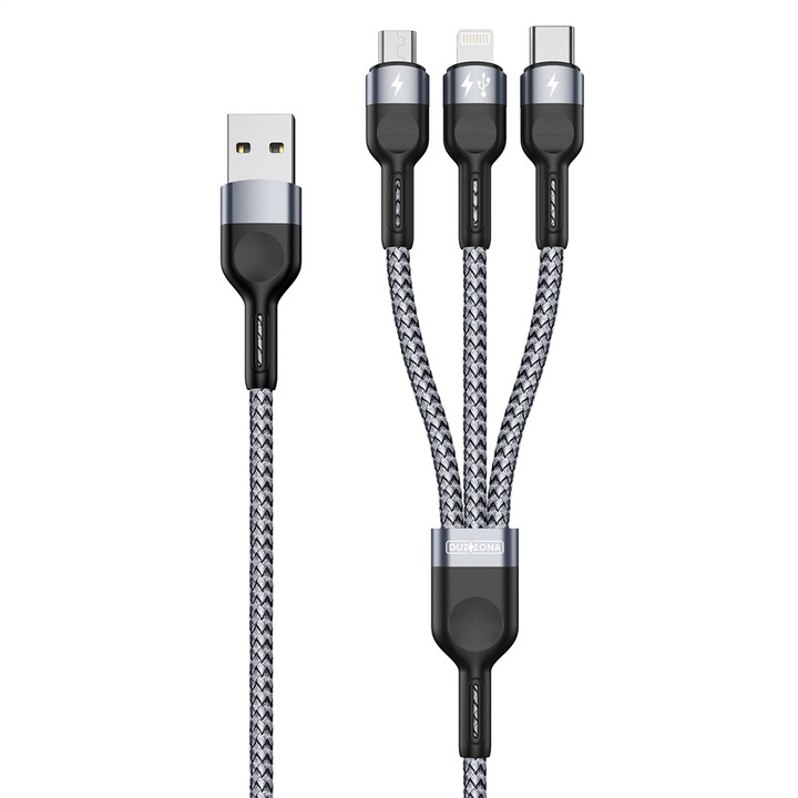 3 в 1 USB към Lightning кабел за зареждане/пренос на данни, USB-C, Micro USB, дължина 1.3M, 3.5A, Бързо зареждане, подсилен, черен, KOF-BBL7992