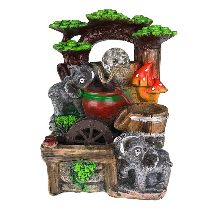 Фонтан от смола с два слона, пластмасова мелница и топка, 19х26 см