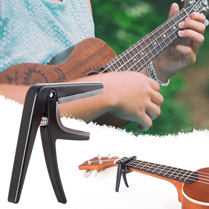 Capodastru chitara acustica clasica sau electrica, Zggzerg, Portabil, Design ergonomic, Potrivit pentru incepatori, ABS, Negru