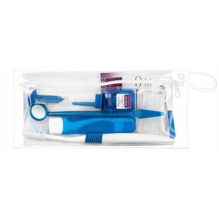 Set ortodontic, Feelo, pentru persoanele care poarta aparat dentar, ambalat intr-o mica trusa cosmetica practica, faciliteaza indepartarea placii bacteriene, peri dispusi in forma de V, 8 accesorii diferite, Alb/Albastru