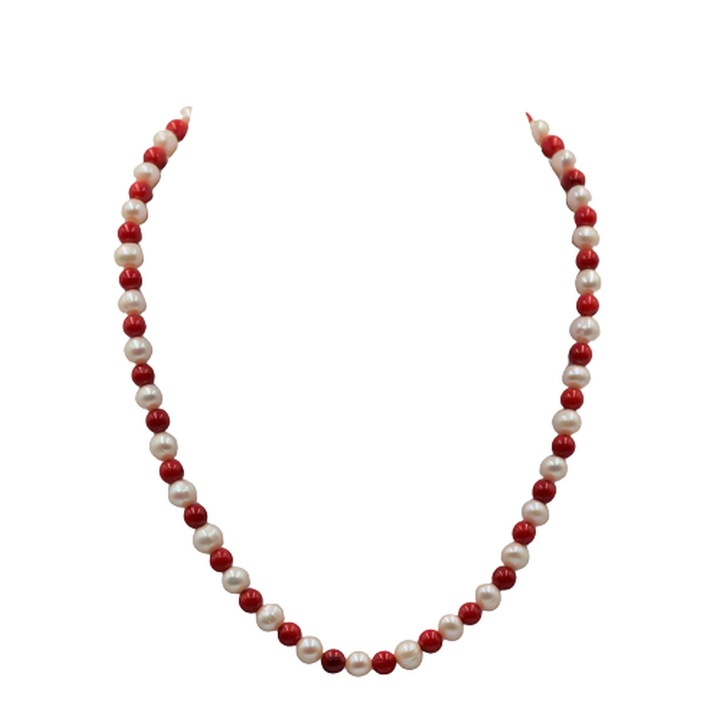 Colier din perle naturale, pietre semipretioase coral rosu, argint 925, 46 cm