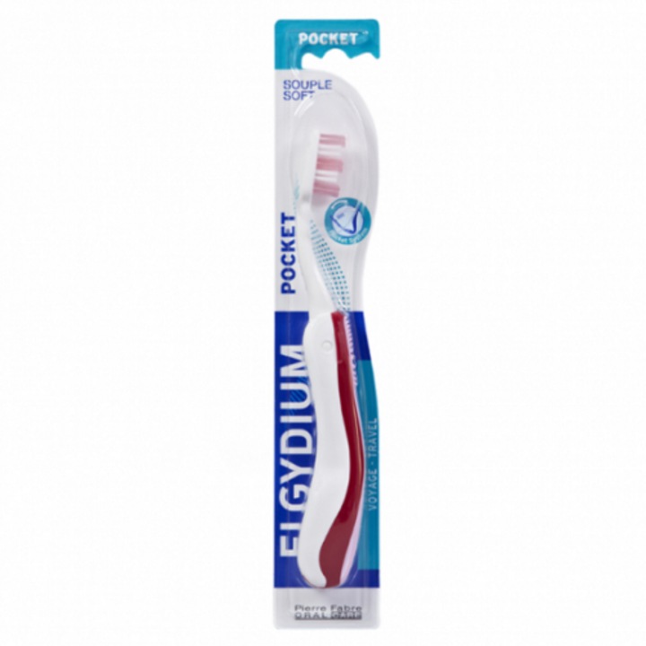 Periuta de dinti Elgydium Pocket, medie, Alb/Visiniu