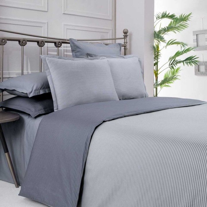 Set lenjerie de pat dublu, Sarev, Fancy Stripe, 4 pıese, Cearsaf plat, Grı, 240 x 260 cm