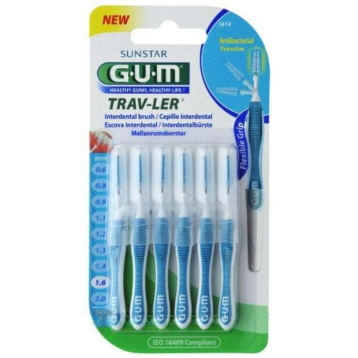 Set 6 periute de dinti Trav-Ler, GUM, 1.6 mm, Albastru/Alb