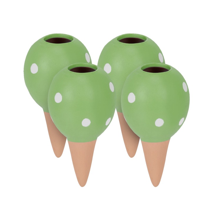 Dispozitiv de udare a plantelor, auto-irigare, 4 bucati, design biluta, din ceramica, 11,5 x 6 cm, verde