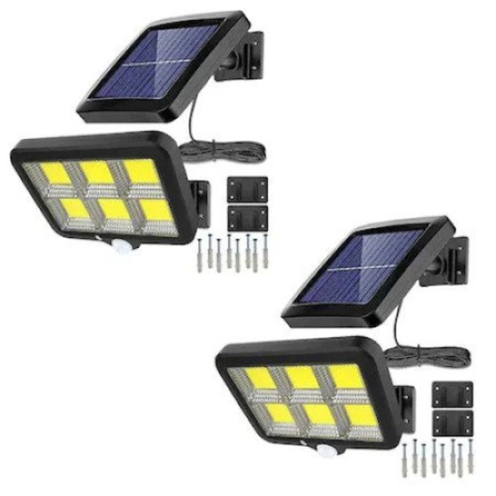 Комплект от 2 соларни лампи със соларен панел, Nevermore, 30 W, 120 COB LED, с включени сензор за движение и дистанционно управление, 5 м кабел, регулируем соларен панел, водоустойчив, черен