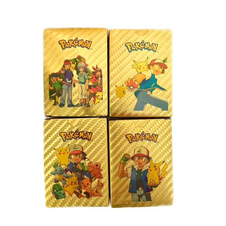 Set 4 Pachet carti de joc Pokemon Diferite modele, 55 carti per Set, Hologram, Culoare Gold