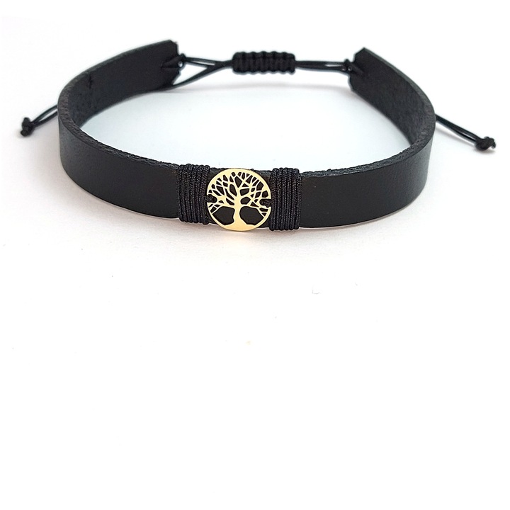Bratara din piele naturala neagra si figurina Pomul Vietii din aur de 14k, dimensiune reglabila
