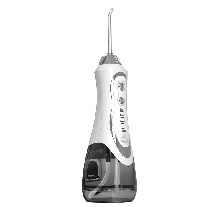 Irigator Oral pentru Dus Bucal, Portabil, Curatare Profesionala si pentru Aparatul Dentar, Rezistent la Apa,4 duze,3 Niveluri de Intensitate, Presiune si Impulsuri de Inalta Frecventa, Rezervor 300ML, Reincarcabil Baterie de Lunga Durata, Fara Fir, ALB
