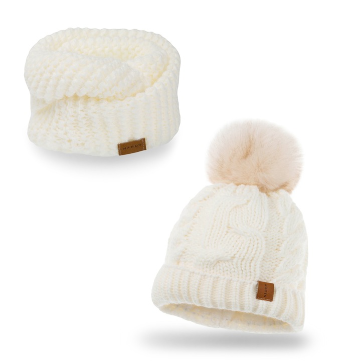 Fular circular si caciula cu pompon, pentru copii, Nandy, Ecru, 48-56cm