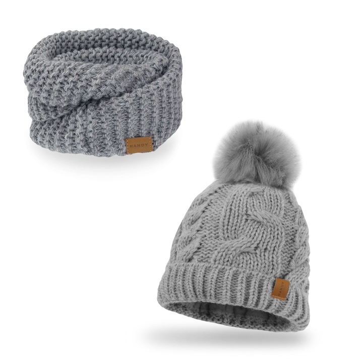 Fular circular si caciula cu pompon, pentru copii, Nandy, Gri, 48-56cm