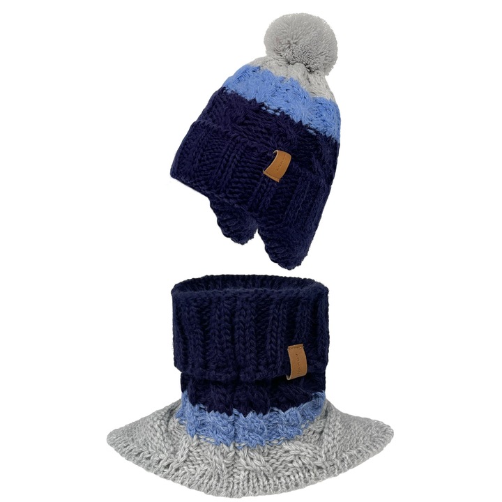 Set caciula si fular circular, Pentru copii, Nandy, Bleumarin-Gri, 46-54
