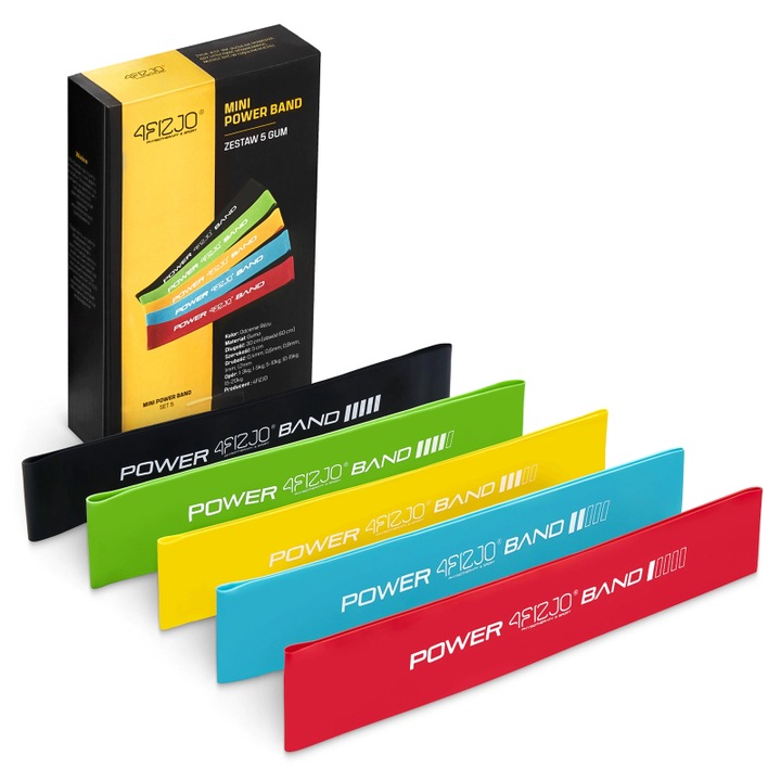 Set 5 mini benzi elastice rezistenta din latex, Pentru Femei si Barbati, 5 Trepte de Dificultate, Antrenament sala, Yoga, Pilates, Multicolor, 4FIZJO Multicolor