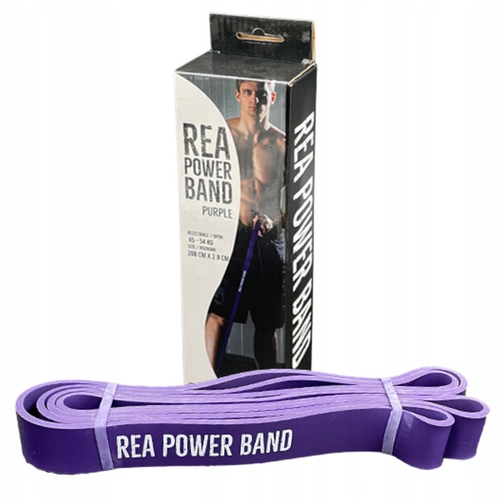 Banda power pentru antrenament Rea Tape, 208 cm, destinata sportivilor avansati, ideala pentru CrossFit, genuflexiuni si indreptari, rezistenta foarte puternica, 45-54kg, violet