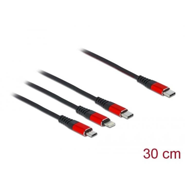 Кабел за данни, DeLock, USB Type-C/Lightning/Micro USB/USB Type-C, 30 см, черен/червен