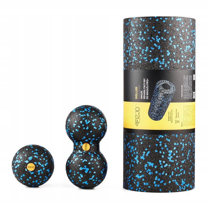 Комплект от 3 броя масажни ролки, топка за масаж, двойна масажна топка и ролка за упражнения 33 см, 4FIZJO, Черен/Син