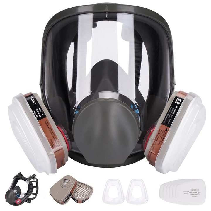 Set masca integrala reutilizabila, pentru protectie respiratorie si vizuala din sticla rezistenta, 2 Filtre incluse cu particule anti-gaz, vapori de vopsea si noxe, 10 filtre din bumbac, 2 capace de plastic