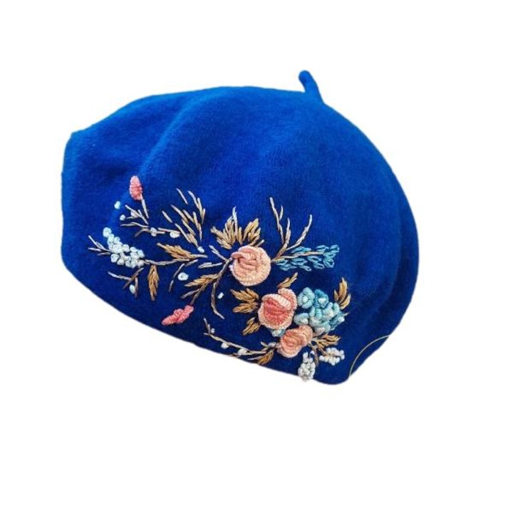 Bereta din lana, Marta CrochetArt, Brodata Manual, Albastru, 54 cm