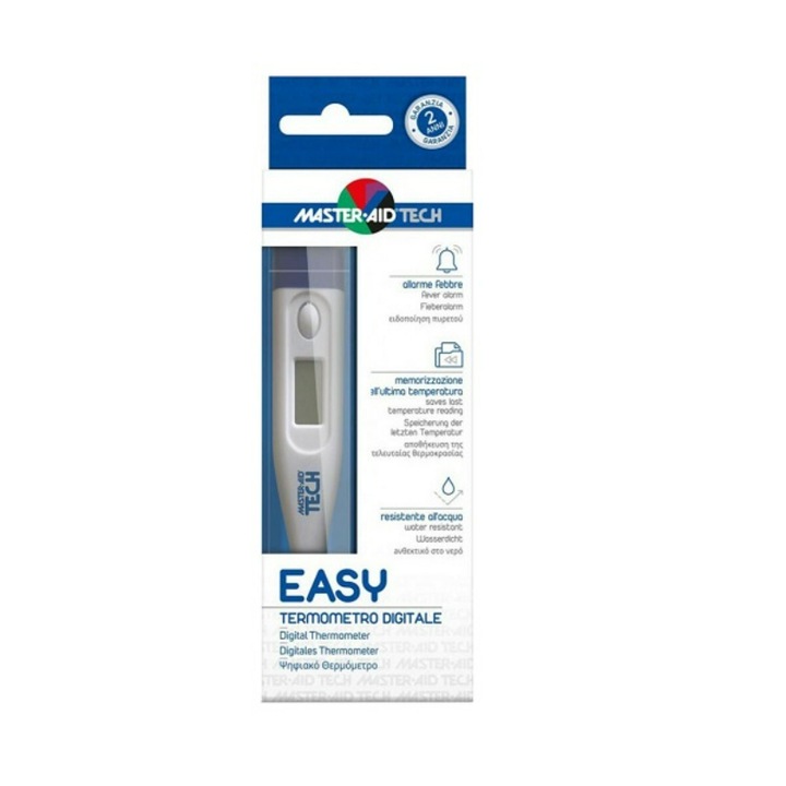 Termometru digital, MasterAid Easy, Memorare ultima masuratoare, Rezistent la apa, 32.0°C-42.9°C, Alb