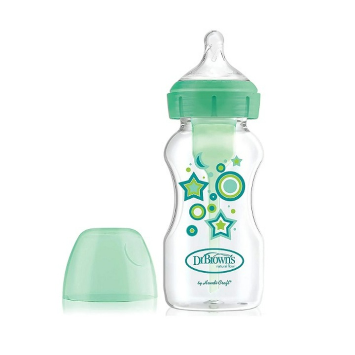 Biberon Dr. Brown's Options+, anti-colici, plastic, gat larg, verde/transparent, 270ml