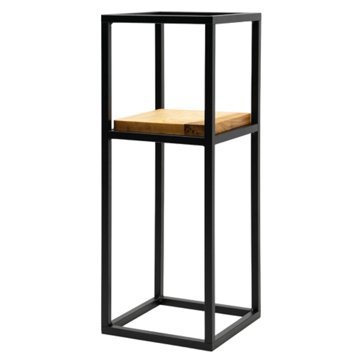 Suport Etajera Ghiveci Flori, Anet S, Cadru Metalic Negru Vopsit Pulverizat, Polita Stejar FSC, Design Minimalist Pentru Interior, Ideal Pentru Living, Hol, Birou, 23 x 23 x 60 cm, Negru-Stejar
