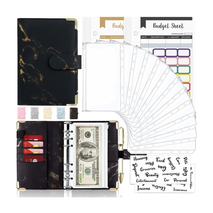 Darklove A6 költségvetési tervező naplószett, PU bőr jegyzetfüzet, márványnyomat, költségvetési kártyával, cipzáras táska, matricás címke, pénzt takarít meg, 13x19 cm, fekete