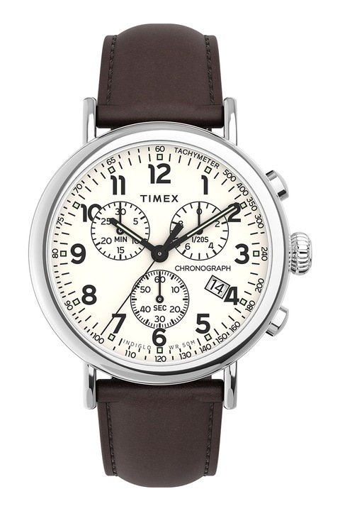 Timex, Часовник Standard с хронограф и кожена каишка - 41 мм, Сребрист, Тъмнокафяв