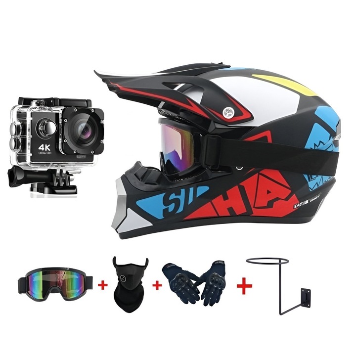 Set Casca de Protectie si Camera Video Sport 4K, Manusi, Ochelari si Cagula, Moto, Cross, Enduro, ATV, Marime M, ABS, Multicolora, Interior Detasabil Lavabil, Flytec™
