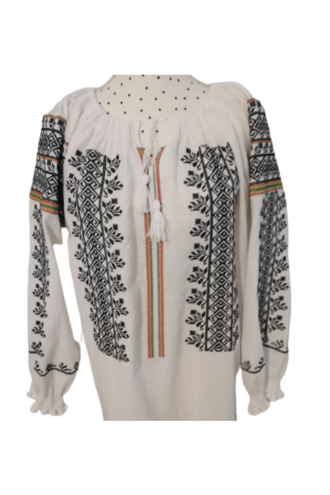 Ie populara dama, model MONA, marimea XL, bumbac alb, brodata cu rosu, verde si negru