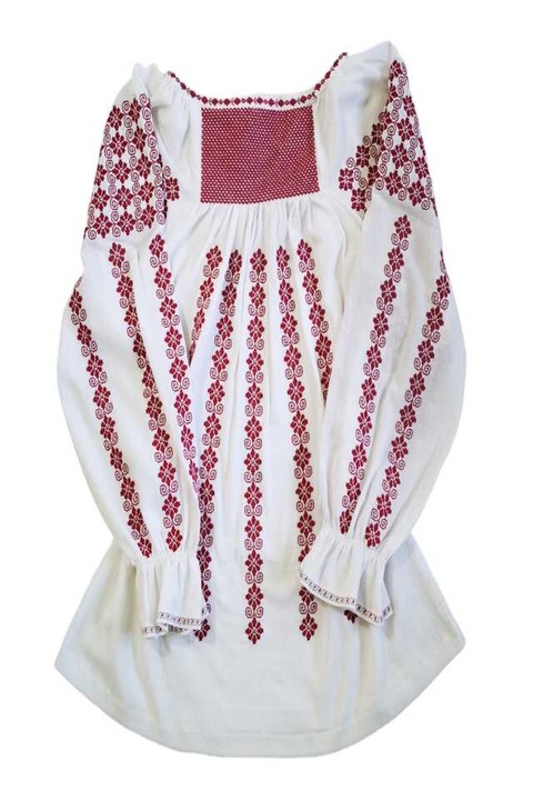 Ie populara dama, model PETRUTA, marimea L, bumbac alb, brodata cu rosu