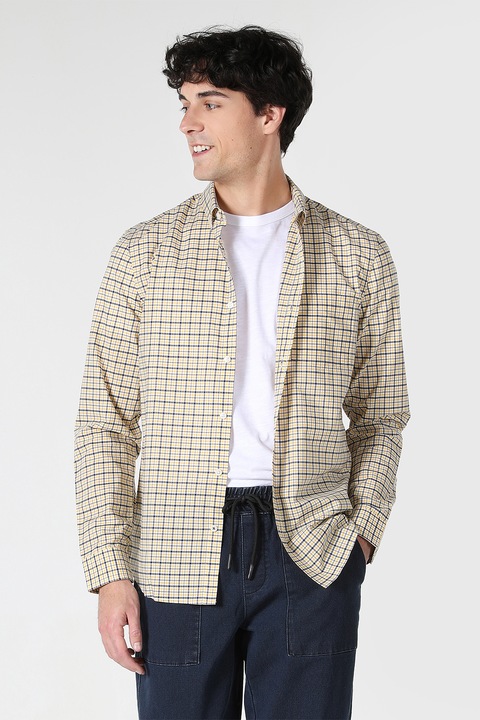 COLIN'S, Camasa cu maneci lungi si imprimeu in carouri, Alb/Galben/Bleumarin, S