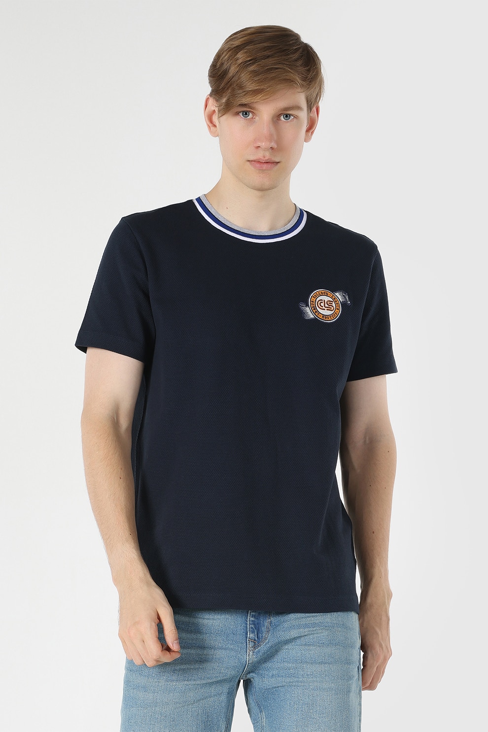 COLIN'S, Tricou din pique de bumbac cu decolteu la baza gatului, Albastru marin, S
