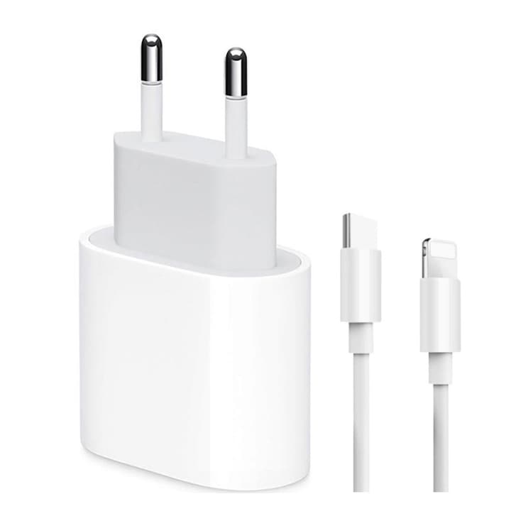 Комплект за бързо зареждане Planet Tech, Съвместим с iPhone 14/13/12/11/8/XS/XR/X, PD 20W бързо зарядно устройство, USB-C Lightning кабел 1.5M, Бял