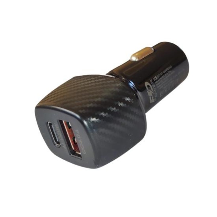 OEM autós töltő, USB 3.0 porttal és 20 W-os Type C PD port, négyzet, fekete