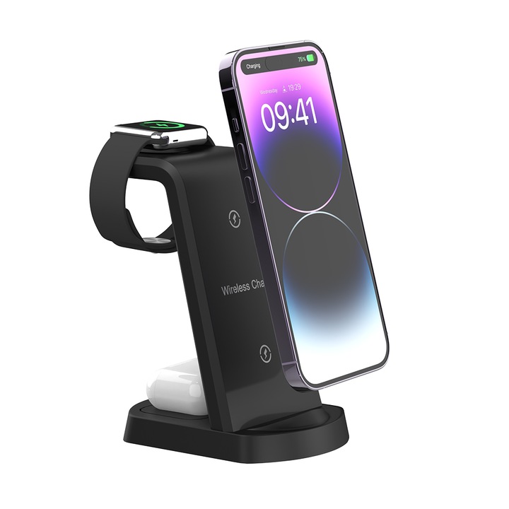 Invincio Plus Wireless Charger, станция за зареждане на телефон, часовник и слушалки 3 в 1, 15W функция за бързо зареждане, бързо зареждане, съвместим с всички модели на Samsung, Iphone, Airpods и всяко устройство с безжично зареждане, матово черен цвят