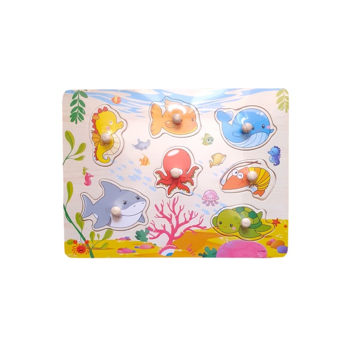 Puzzle din lemn incastrat, Animale Marine,7 piese